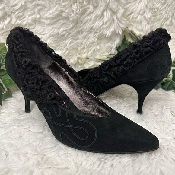 Susan Bennis/Warren Edwards Vintage Black Suede Statement Fur Patch Heels sz 8.5 - Picture 2 of 11